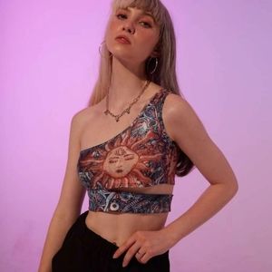 Sun Graphic Cut Out One Shoulder Crop Top